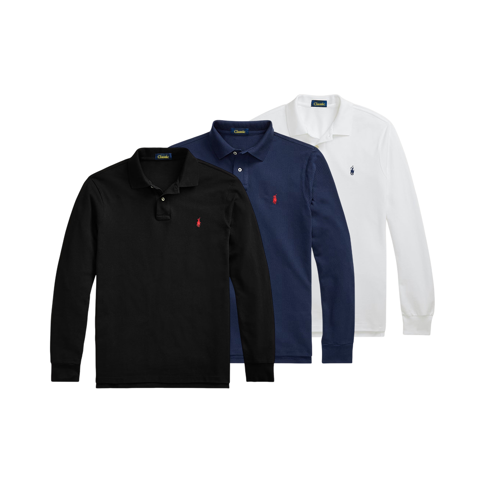 3-Pack Mesh Long-Sleeve Polo Shirt
